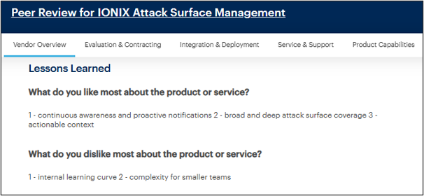 Gartner reviewer praises IONIX's broad attack surface coverage but points out the internal learning curve and complexity for smaller teams (Source: Gartner)