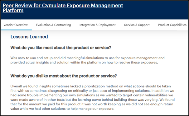 Cymulate user highlights easy setup and meaningful simulations, but criticizes the lack of a prioritization method and low return on value (Source: Gartner)