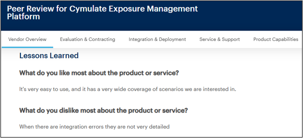 Gartner reviewer praises Cymulate's ease of use and broad scenario coverage but notes a lack of detailed error messages (Source: Gartner)