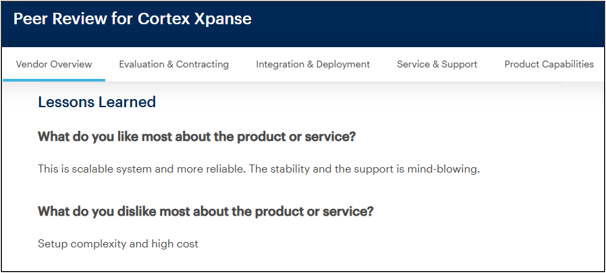 Gartner reviewer praises Cortex Xpanse's scalability and support but notes setup complexity and high cost (Source: Gartner)
