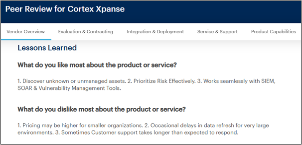 User highlights Cortex Xpanse's asset discovery and risk prioritization but dislikes the high pricing for smaller organizations (Source: Gartner)