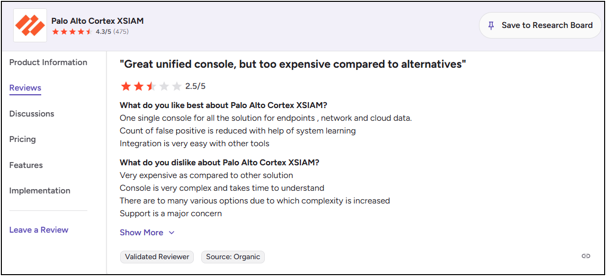 Cortex XSIAM user gives a 2.5-star rating, appreciating the unified console but criticizing the high expense and complex interface (Source: G2)