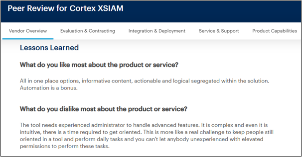 Gartner reviewer notes Cortex XSIAM's strong all-in-one capabilities but points out the steep learning curve requiring an experienced administrator (Source: Gartner)