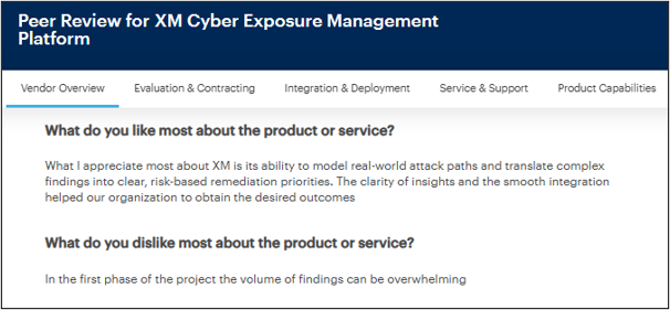 Gartner reviewer appreciates XM Cyber's real-world attack path modeling but finds the initial volume of findings overwhelming (Source: Gartner)