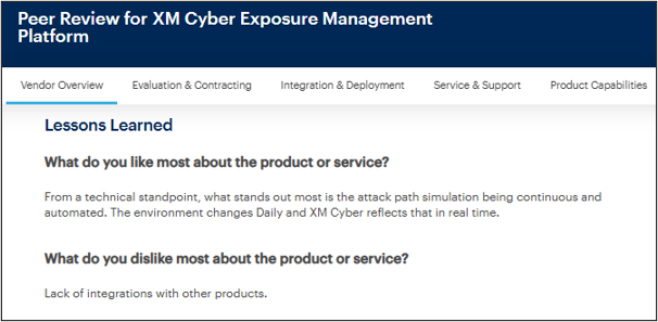 User highlights continuous attack path simulation as a strength but dislikes the lack of integration with other products (Source: Gartner)